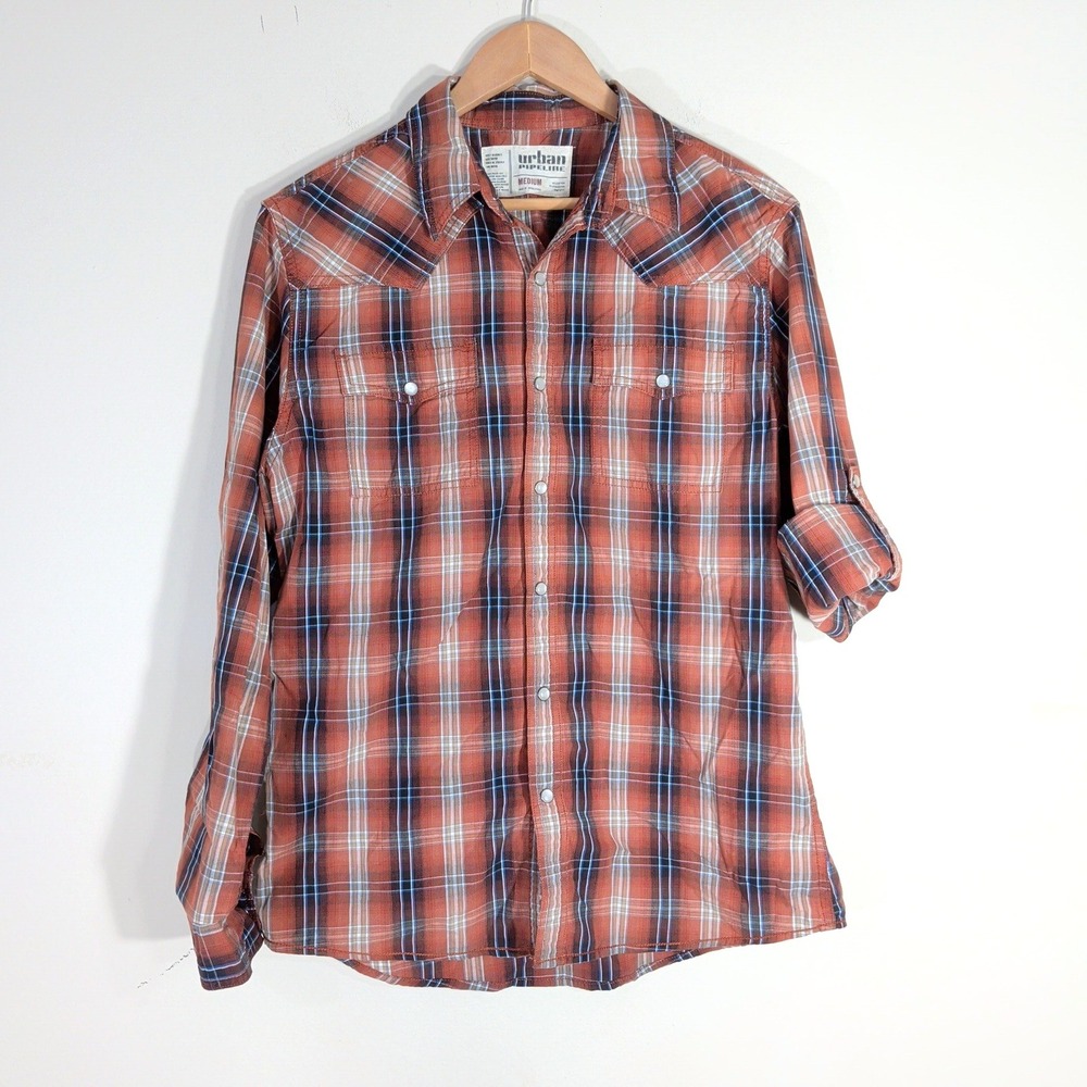 Urban Pipeline Orange Plaid Pearl Snap Button Shirt; Western Style Long Sleeve
